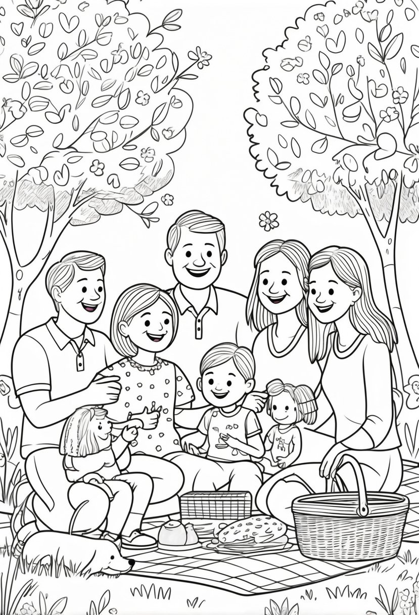 Family Coloring Pages 16 Fun and Creative Designs for All Ages 20 A multigenerational family including grandparents, parents, and children enjoying a picnic outdoors with a dog nearby.